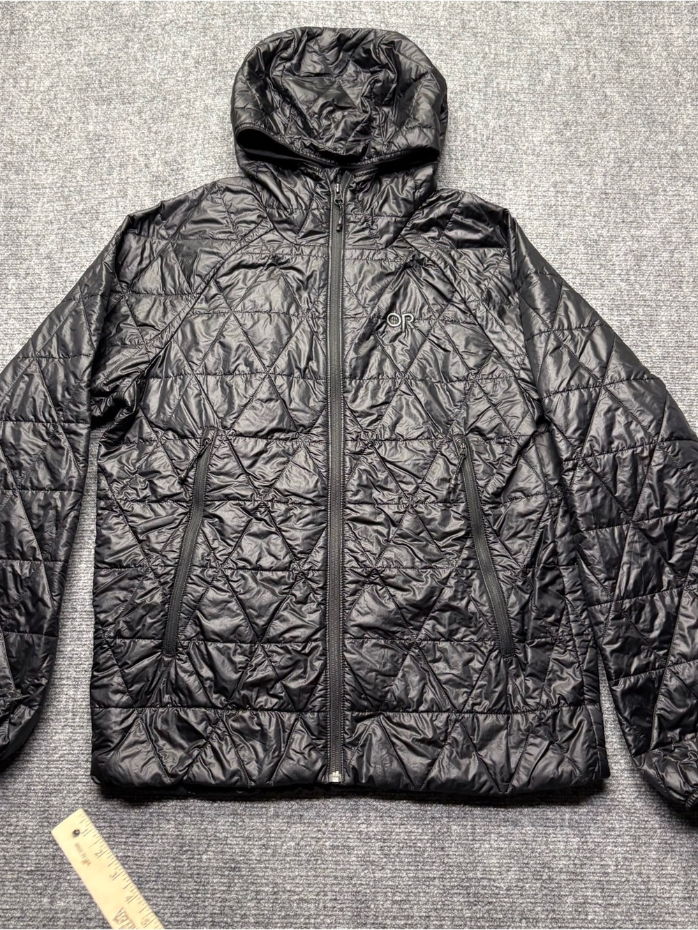 Outdoor Research Jacket Mens M Black Helium Insulated Hoodie Quilted 100% Nylon